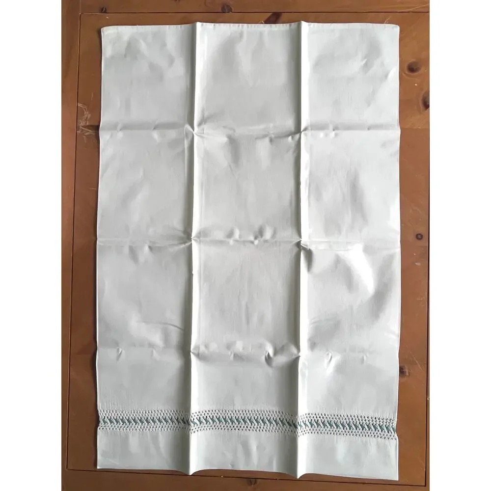 Set of 2 Vintage White Pillowcases Crocheted Lace Inset with Woven Green Ribbon